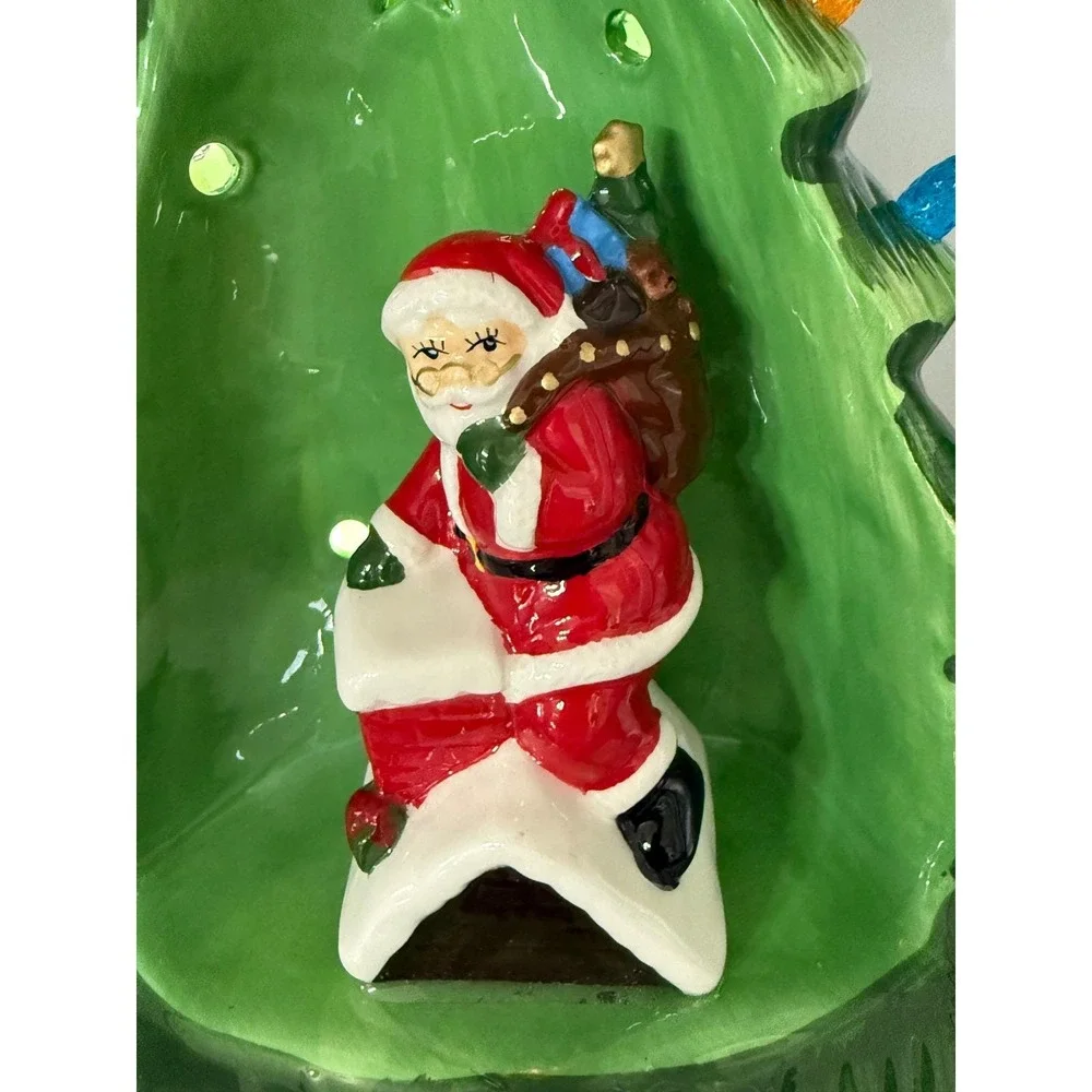 Vtg Mr Christmas ceramic Lighted Christmas Tree with Santa Chimney‎ Scene Green